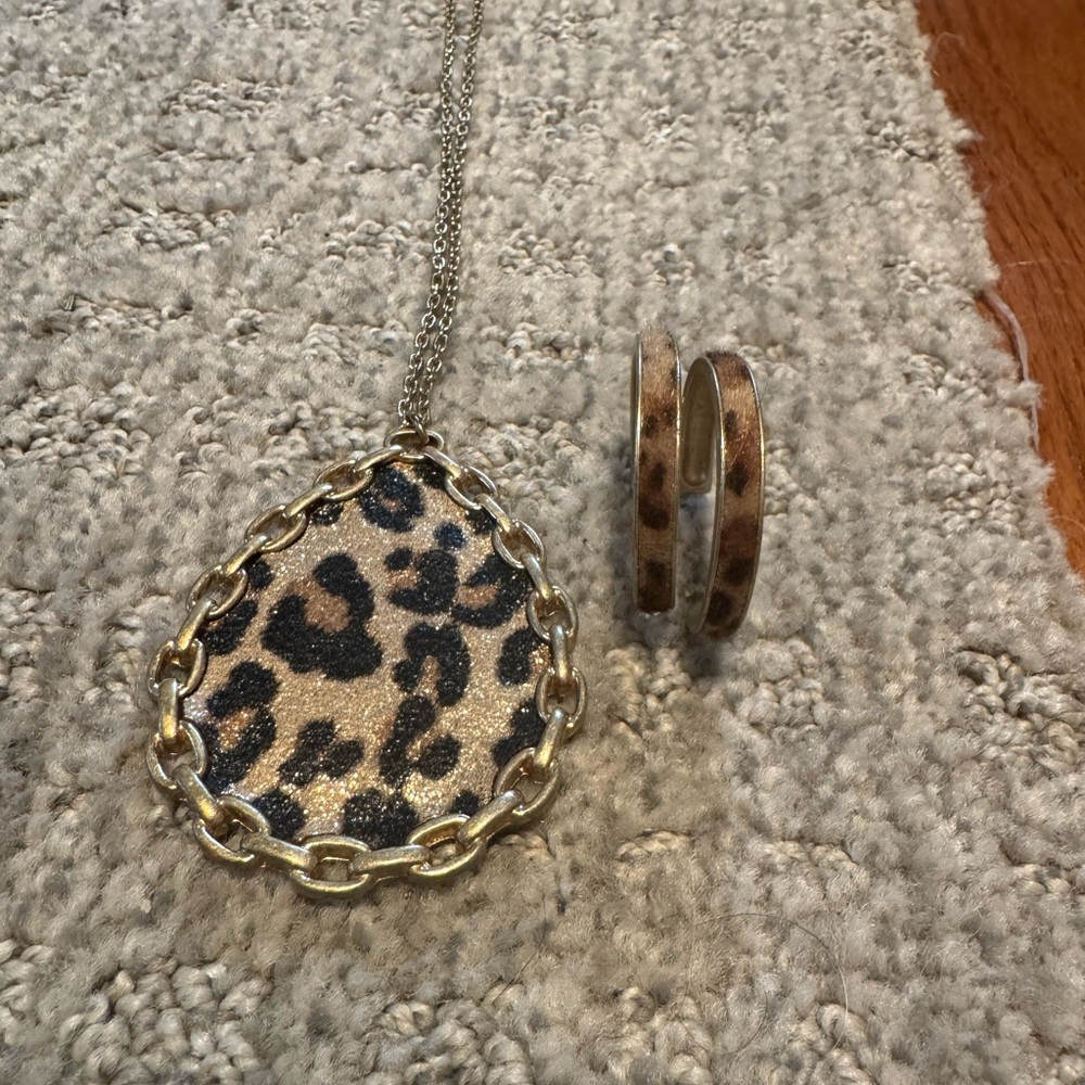 Leopard Print Pear Shape Pendant Necklace and Leopard Print Hoop Earrings